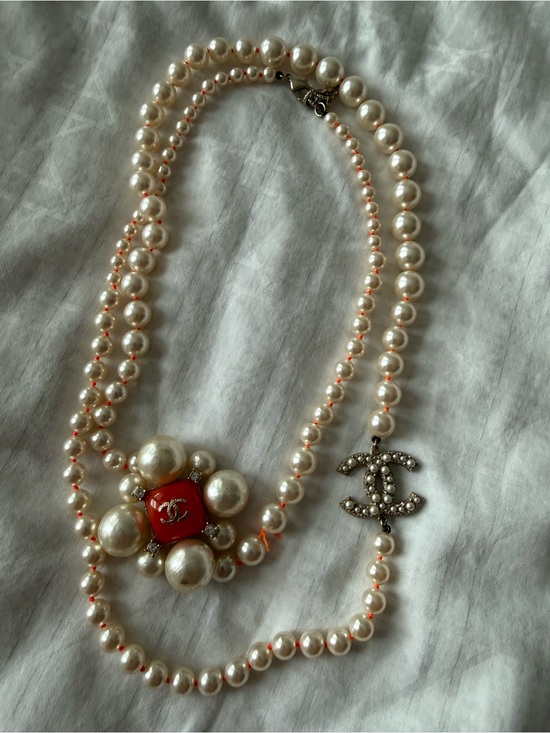 CHANEL Jewelry - CHANEL Ivory Pearl Multi-Strand Necklace with Red Center and Crystal CC